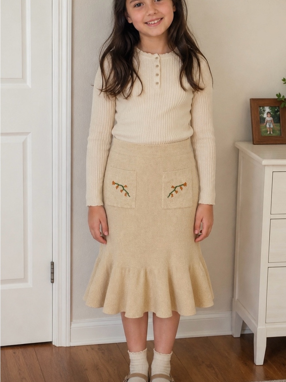 Girls Cream Knit Flounce Hem Skirt with Embroidered Pockets
